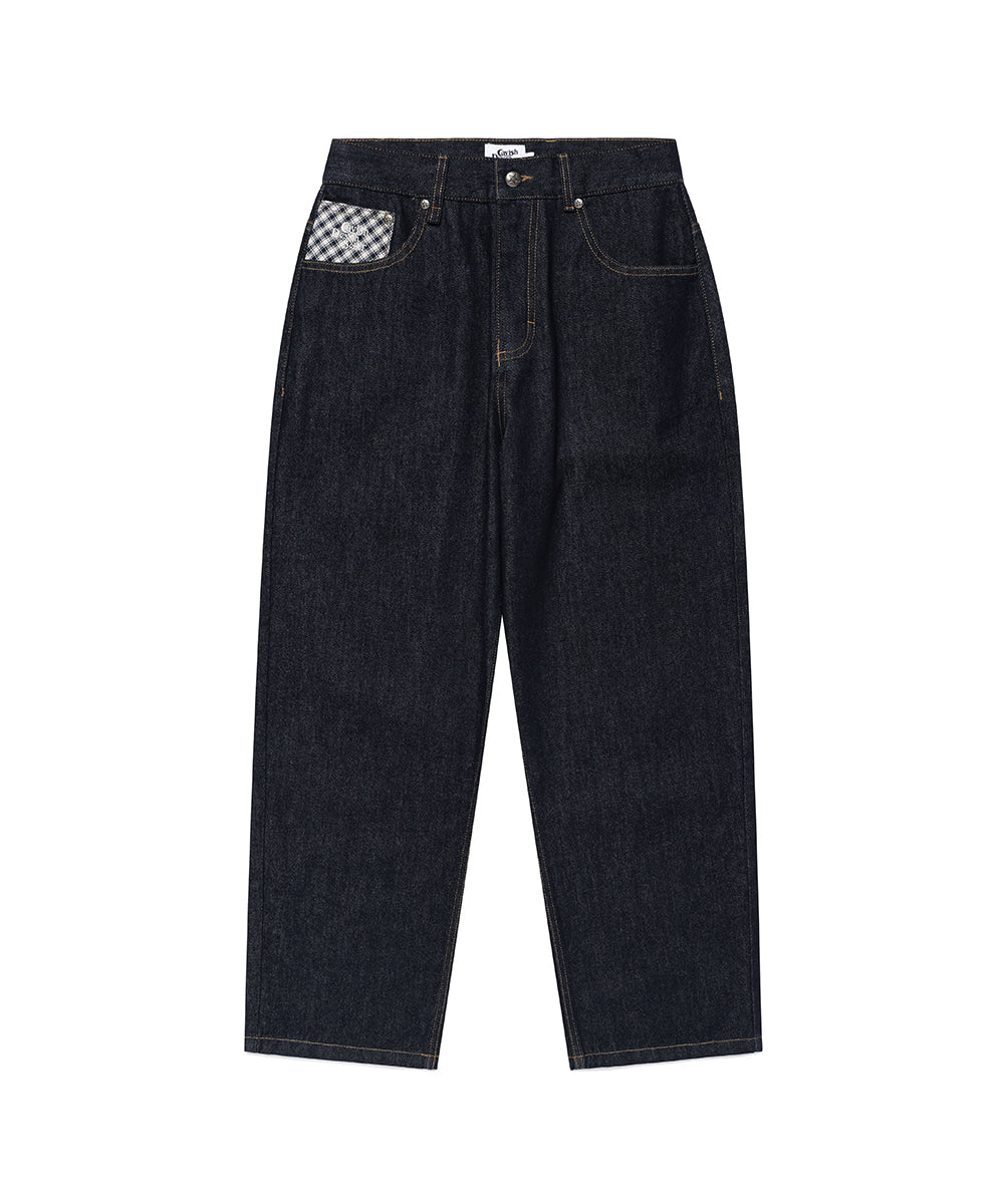Cavish [Kyurin Styling] Check Applique Denim Pants [Blue]