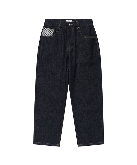 Cavish [Kyurin Styling] Check Applique Denim Pants [Blue]