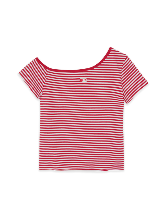 MLB Women's Varsity Stripe Off Shoulder Slim Semi Crop T-Shirts
