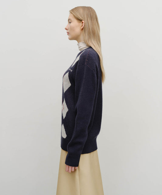 Marithé François Girbaud Argyle Jacquard Knit Pullover Navy
