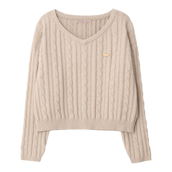 Bitter Cells C.G V Neck Cable Sweater in Beige