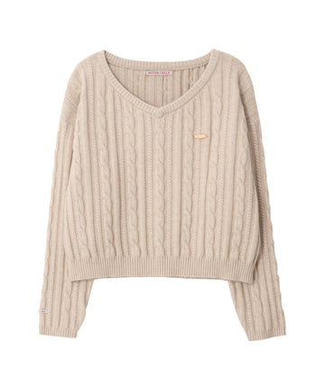 Bitter Cells C.G V Neck Cable Sweater in Beige