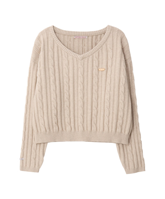 Bitter Cells C.G V Neck Cable Sweater in Beige