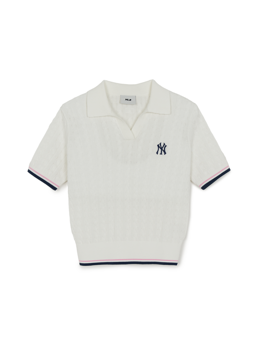 MLB Women's Varsity Cable Open Collar Short Sleeve Knit Pullover