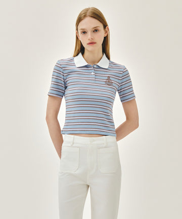 Marithé François Girbaud W STRIPE SLIM CROP COLLAR TEE