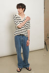 General Idea UNISEX One-Button Collar Stripe Half Knit