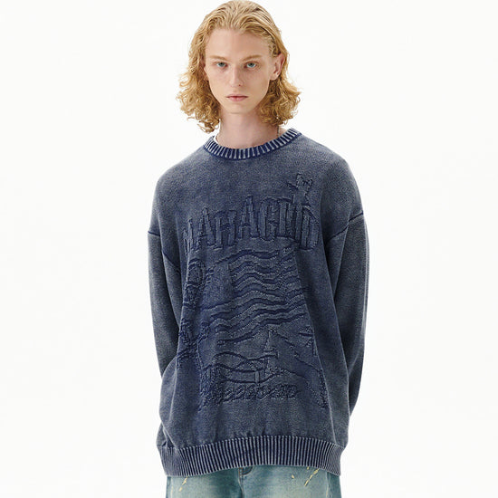 Mahagrid Pigment Flag Knit Sweater [Blue]