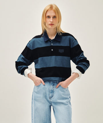 Marithé François Girbaud WASHED DENIM COLLAR LONG SLEEVE TEE blue