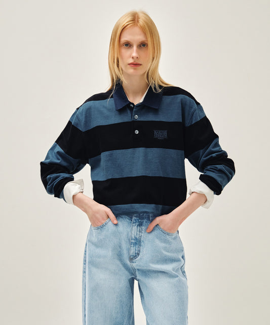 Marithé François Girbaud WASHED DENIM COLLAR LONG SLEEVE TEE blue