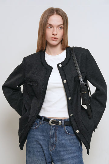 General Idea WOMAN Fringe Trimmed Tweed Jacket [BLACK]