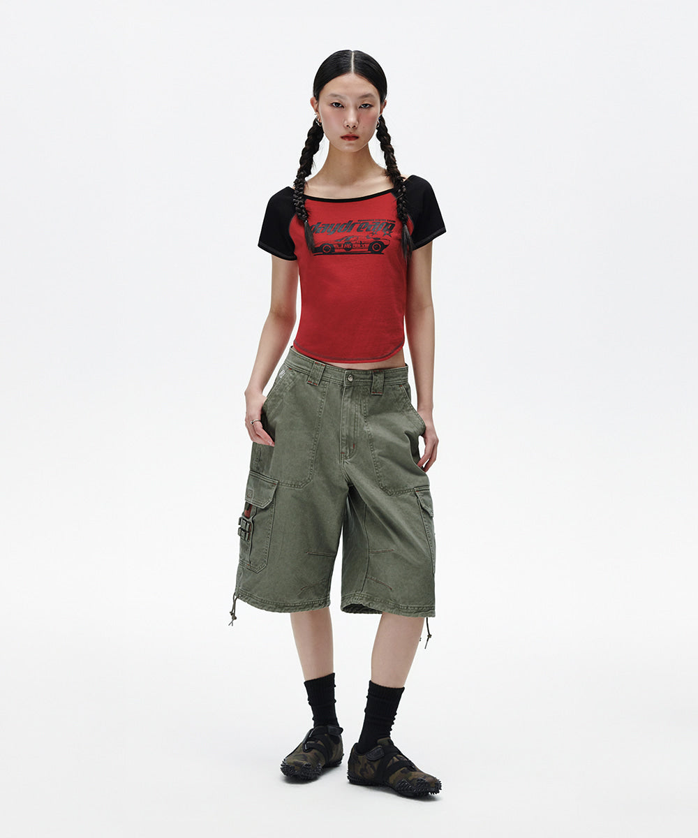 Mahagrid Off Shoulder Raglan Tee