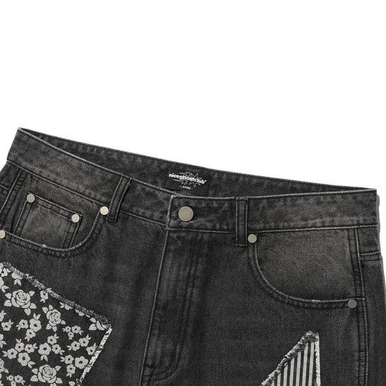 Nice Ghost Club Pattern Patchwork Wide Denim Pants