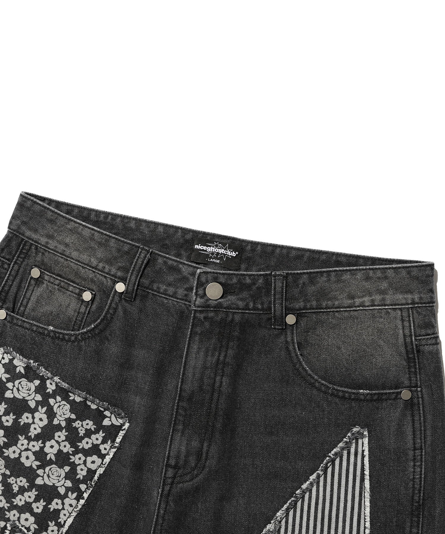 Nice Ghost Club Pattern Patchwork Wide Denim Pants