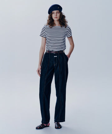 Marithé François Girbaud Women's Tuck Wide Denim Pants Dark Blue