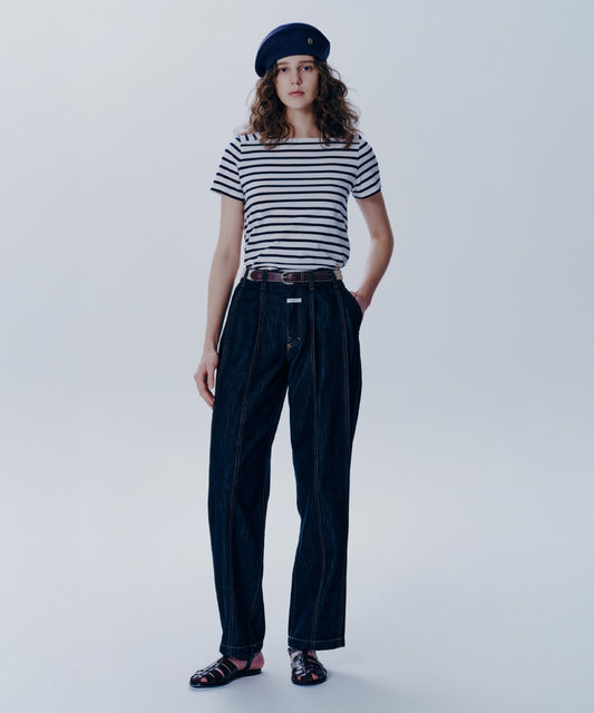 Marithé François Girbaud Women's Tuck Wide Denim Pants Dark Blue