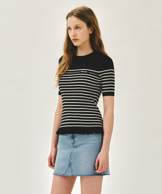 Marithé François Girbaud W RUFFLE POINT STRIPE HALF KNIT PULLOVER black