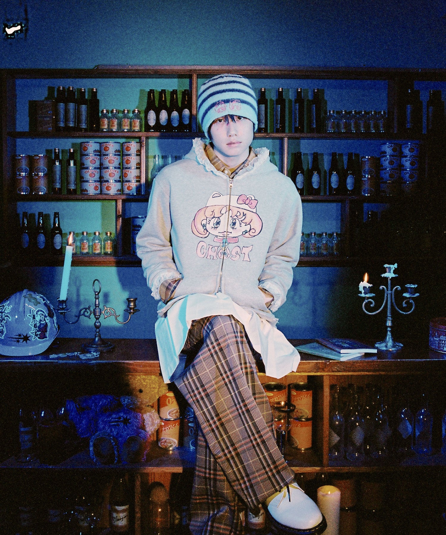 Nice Ghost Club Soul Pussy Cat Ghost Soul Girl Cat Hoodie Zip Up Grey