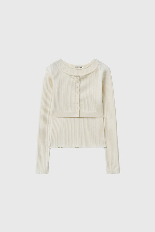 General Idea WOMAN Boat Neck Cardigan Sleeveless Set [IVORY]