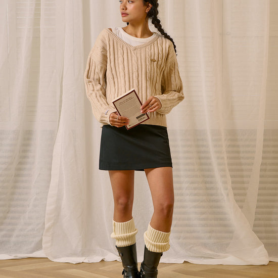 Bitter Cells C.G V Neck Cable Sweater in Beige