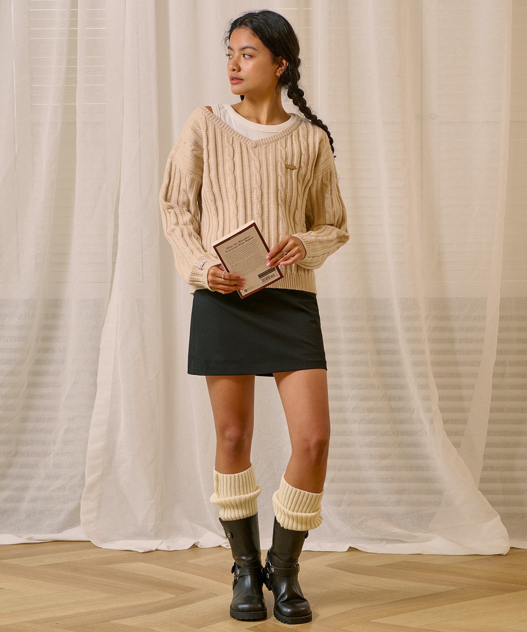 Bitter Cells C.G V Neck Cable Sweater in Beige