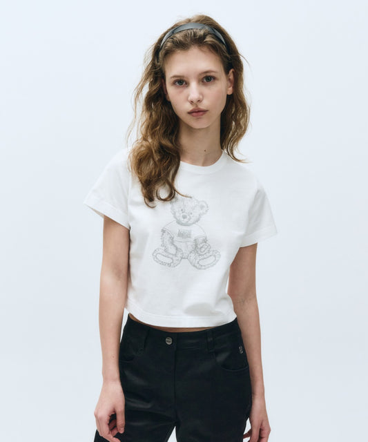 Marithé François Girbaud Women's Sketch Doodle Bear Crop Tee White