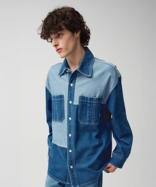Marithé François Girbaud Oversized Patchwork Denim Shirt Jacket Ecru