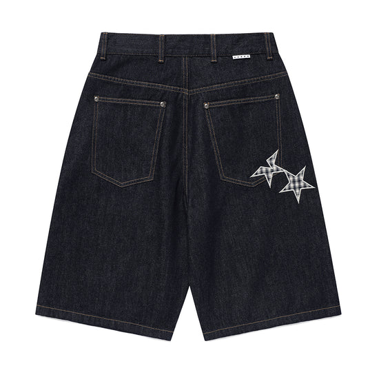 Cavish Check Applique Denim Shorts [Blue]