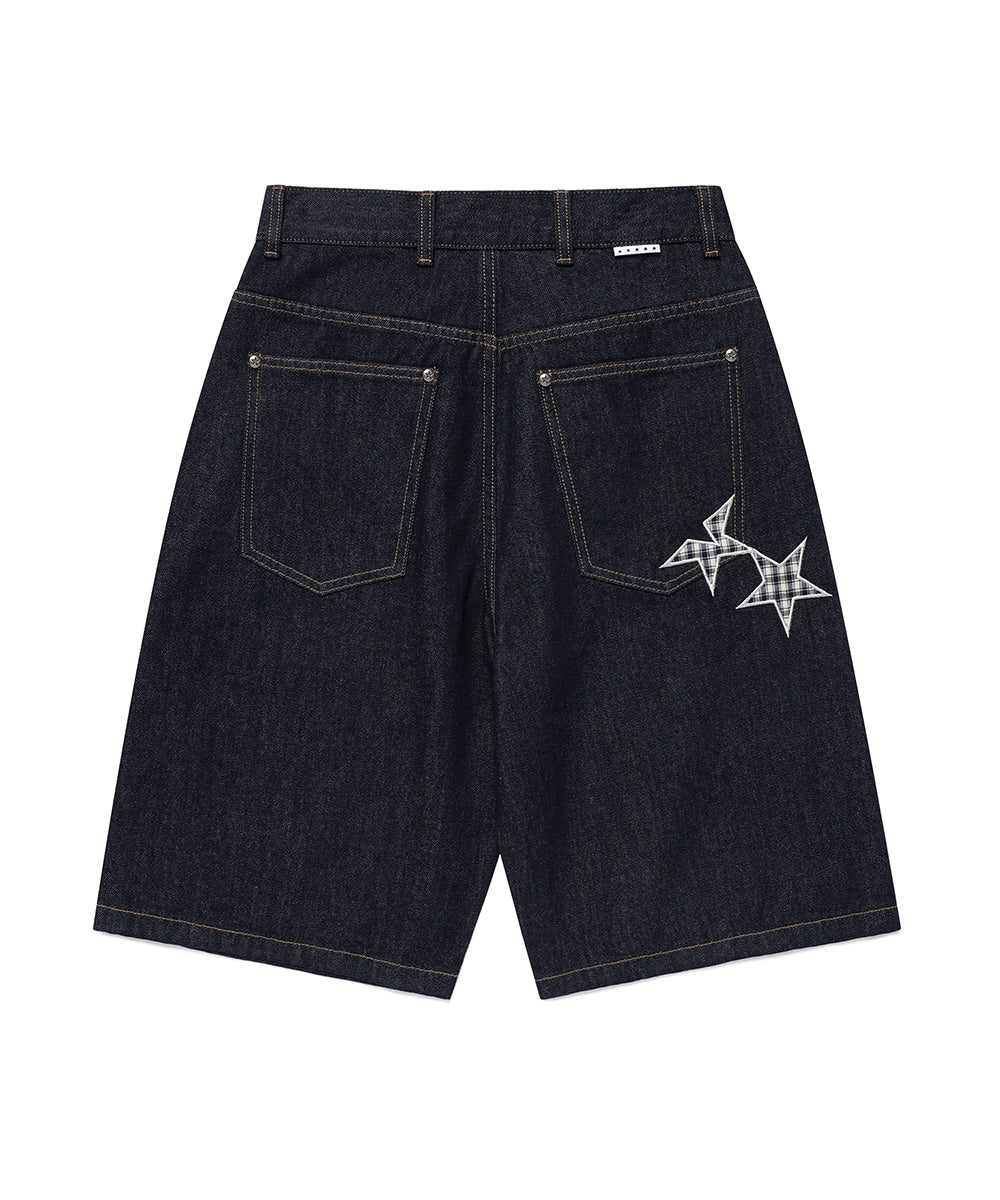 Cavish Check Applique Denim Shorts [Blue]