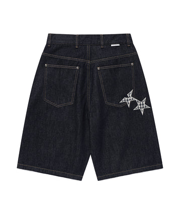 Cavish Check Applique Denim Shorts [Blue]