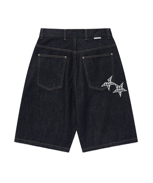 Cavish Check Applique Denim Shorts [Blue]