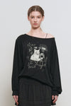 General Idea WOMAN Boatneck Loose Fit Graphic Long Sleeve T-Shirt [BLACK]