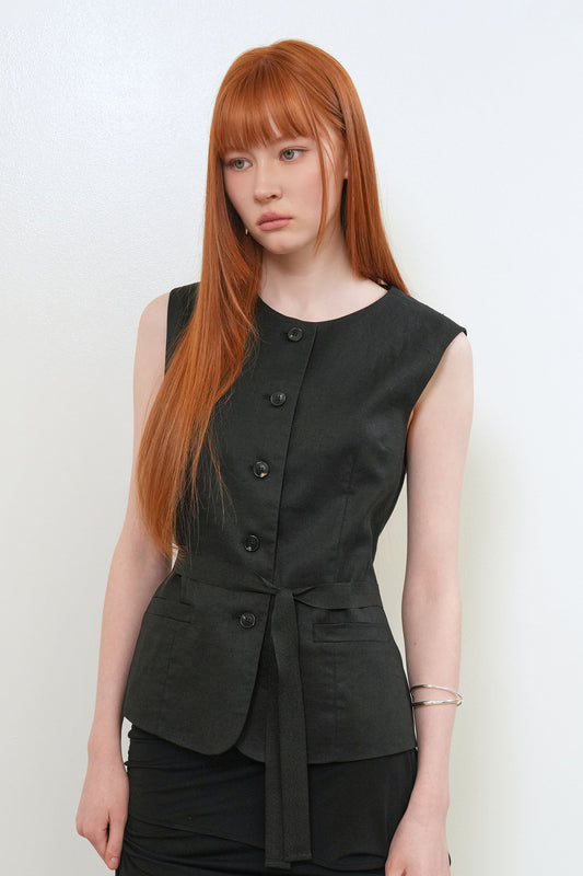General Idea WOMAN Linen Classic Vest [BLACK]