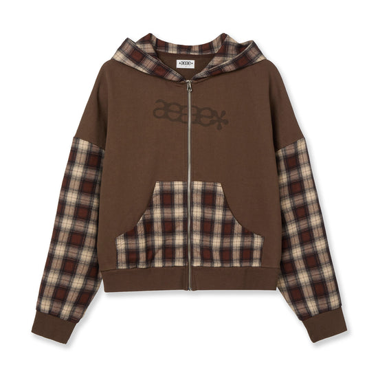AEAE Check Patchwork Hood Zip-Up Jacket in Brown