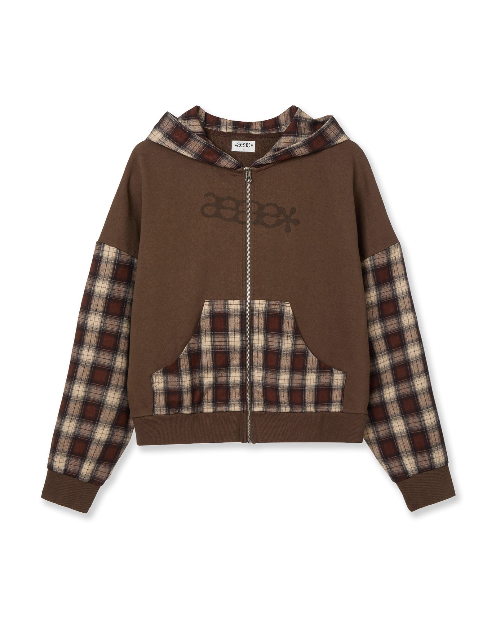 AEAE Check Patchwork Hood Zip-Up Jacket in Brown