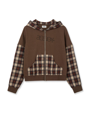 AEAE Check Patchwork Hood Zip-Up Jacket in Brown