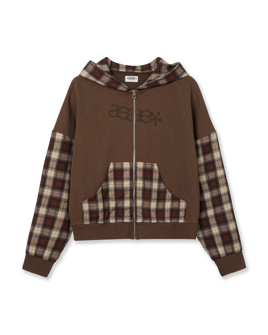 AEAE Check Patchwork Hood Zip-Up Jacket in Brown