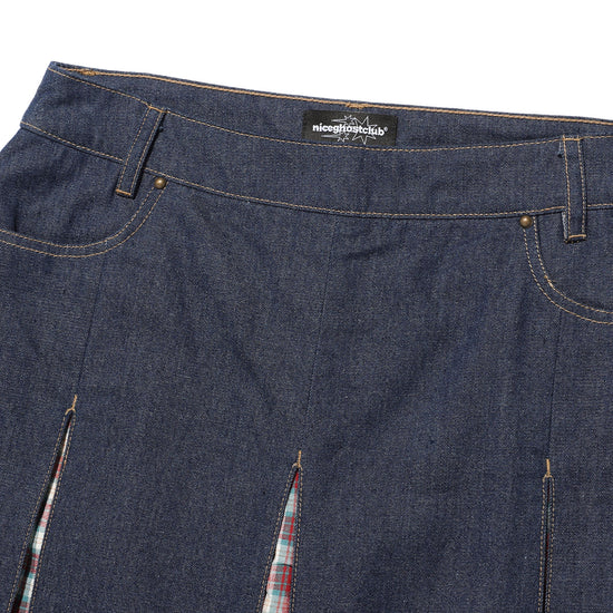 Nice Ghost Club Denim Pleats Panel Layered Skirt Pants
