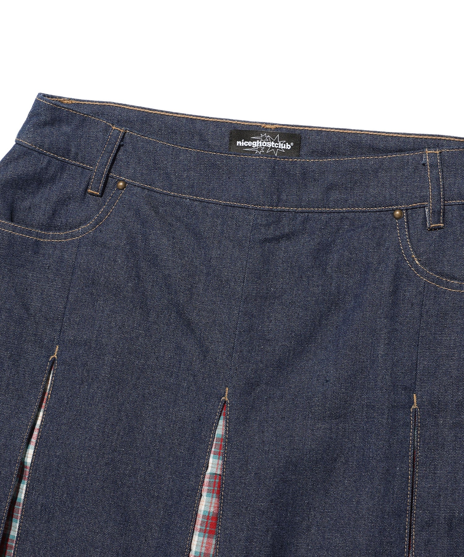 Nice Ghost Club Denim Pleats Panel Layered Skirt Pants