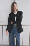 General Idea WOMAN Fringe Trimmed Tweed Jacket [BLACK]