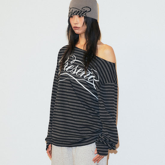 Mahagrid Stripe Present One Shoulder Long Sleeve Tee in Charcoal