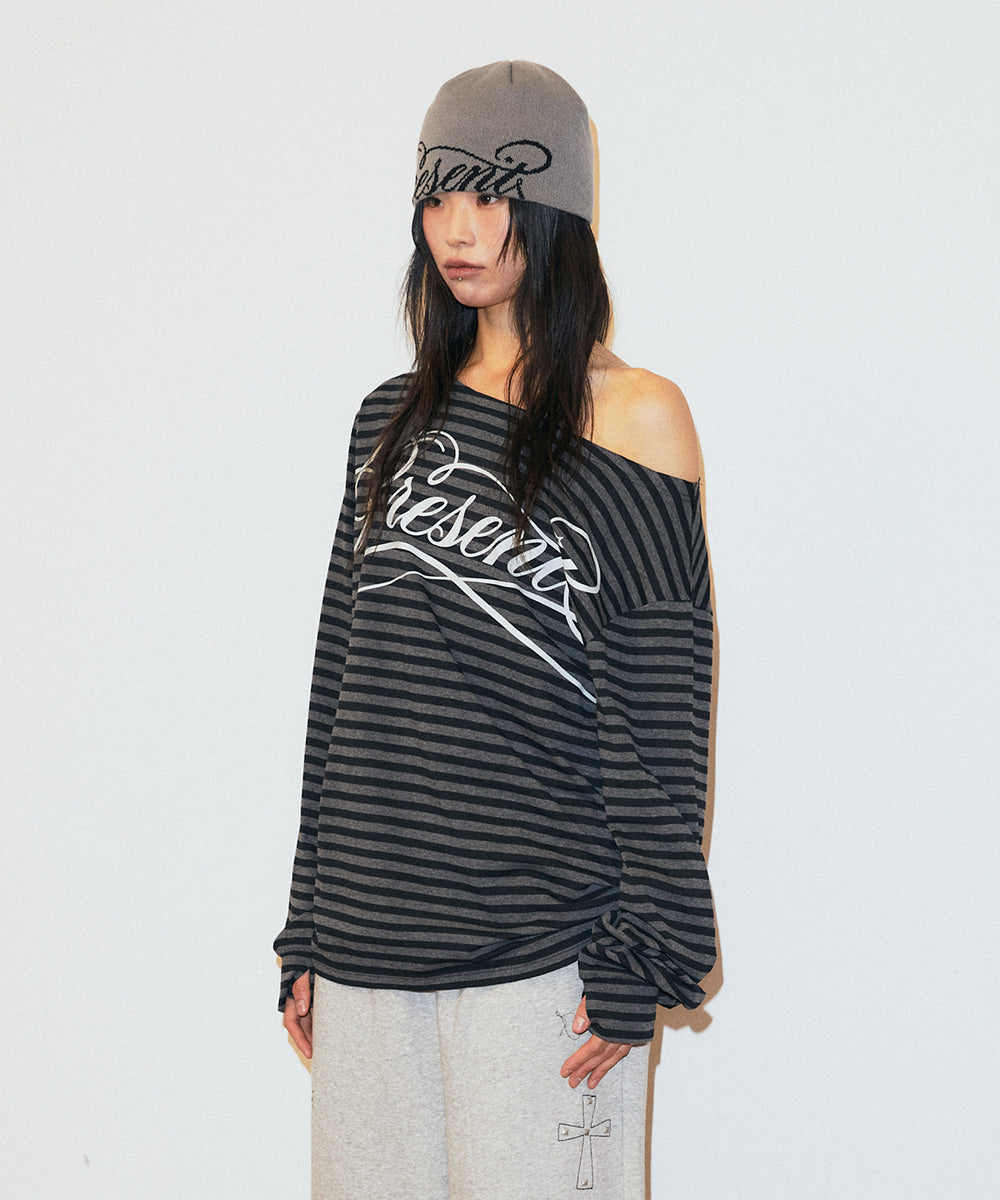 Mahagrid Stripe Present One Shoulder Long Sleeve Tee in Charcoal