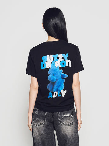 ADLV Woman Fuzzy Font Dragon Short Sleeve T-Shirt