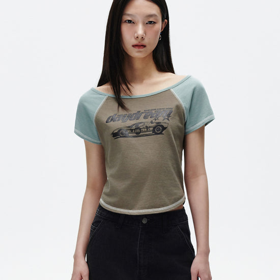 Mahagrid Off Shoulder Raglan Tee