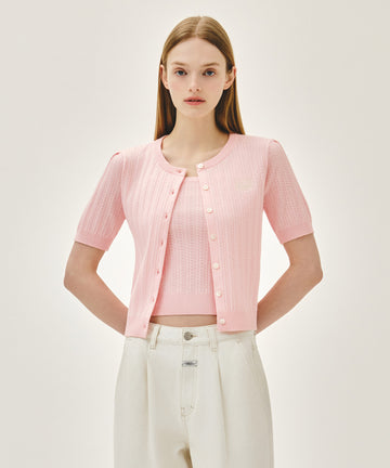 Marithé François Girbaud W SMALL CLASSIC LOGO HALF KNIT CARDIGAN SET UP light pink