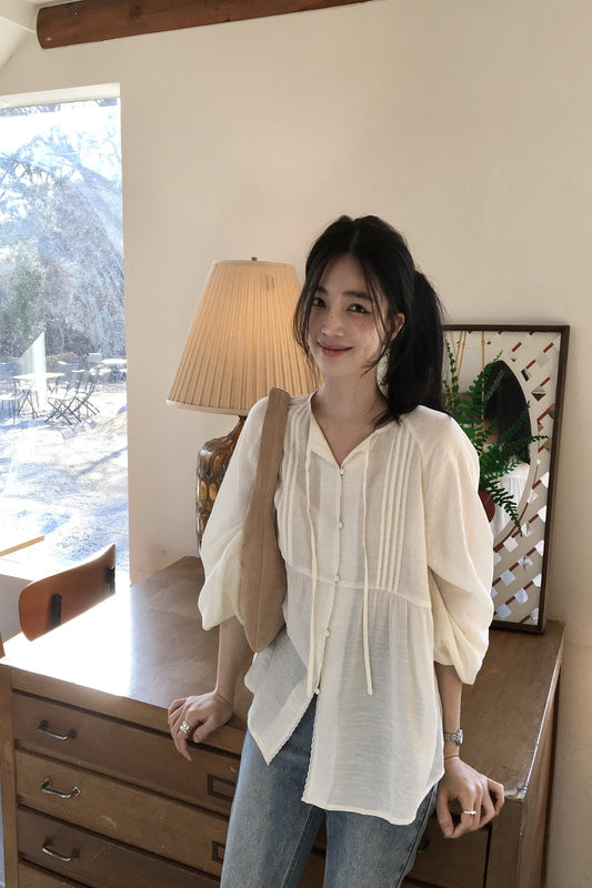General Idea WOMAN Summer Loose Fit Raglan Pinched Pleat Blouse [IVORY]