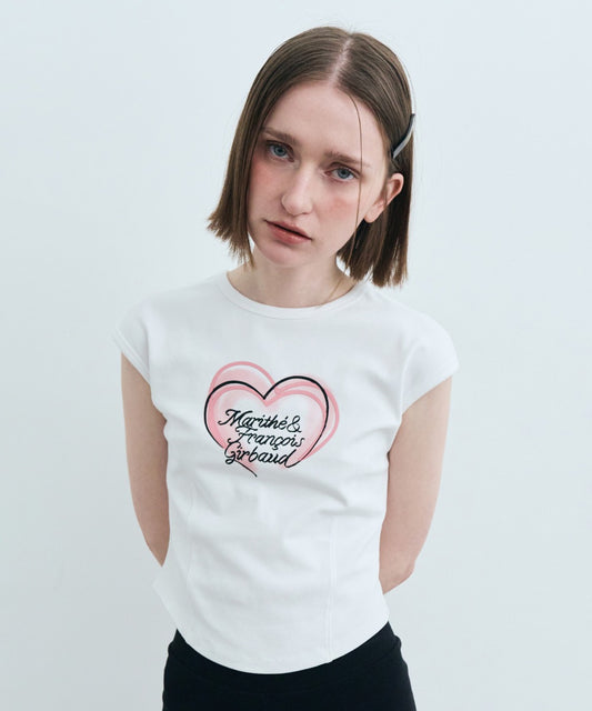 Marithé François Girbaud W Heart Lettering Logo Cap Sleeve Tee White
