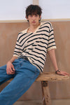 General Idea UNISEX One-Button Collar Stripe Half Knit