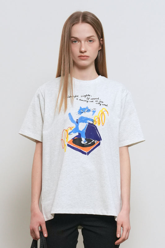 General Idea WOMAN Dancing Cat Oversized Half Sleeve T-Shirt [LIGHT GREY]