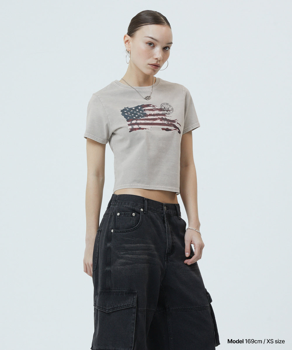 Mahagrid Washed Flag Crop Tee in Beige