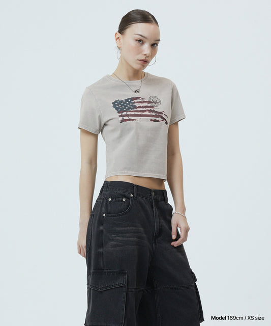 Mahagrid Washed Flag Crop Tee in Beige